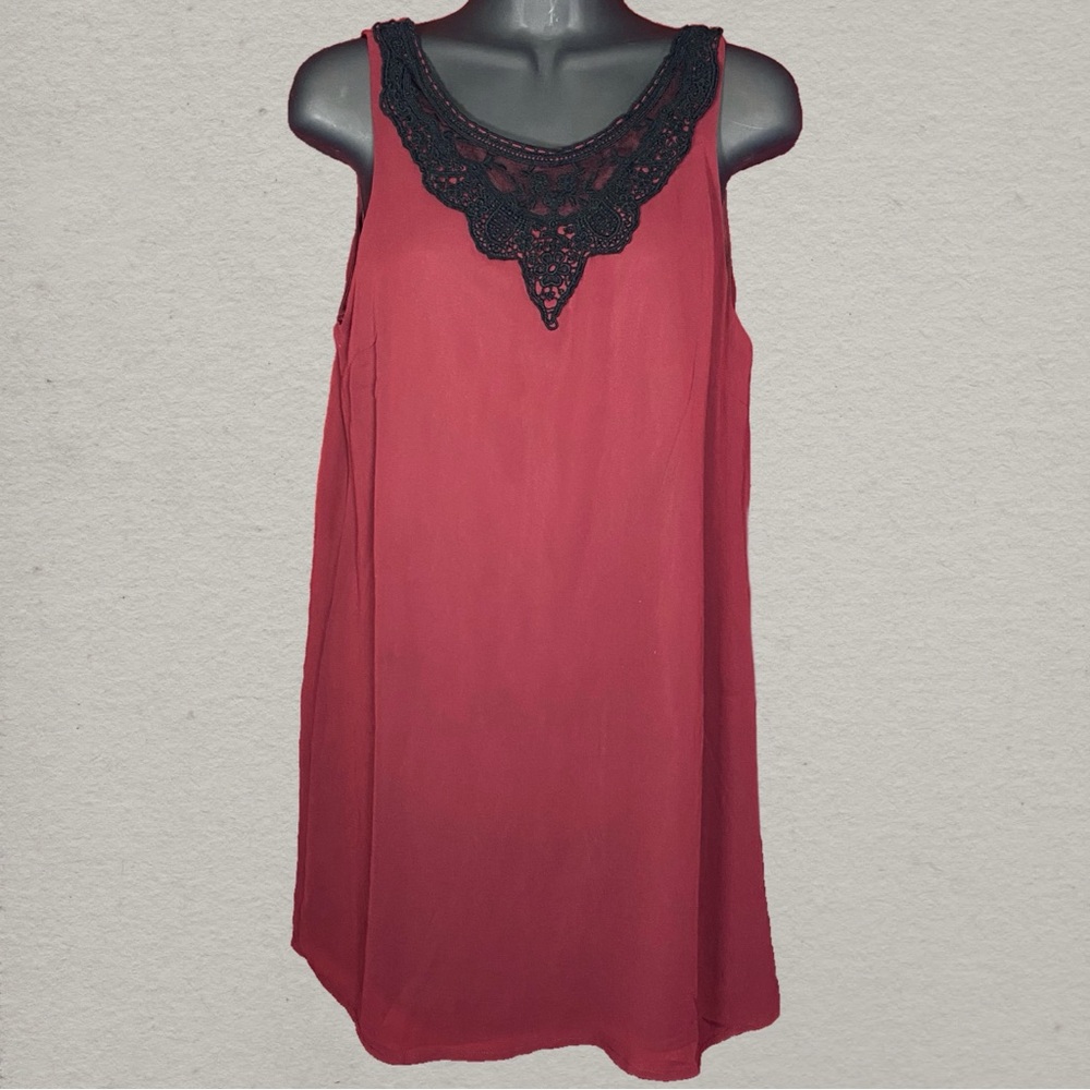 Forever 21 Burgundy Chiffon Mini Dress with Black Lace Detail